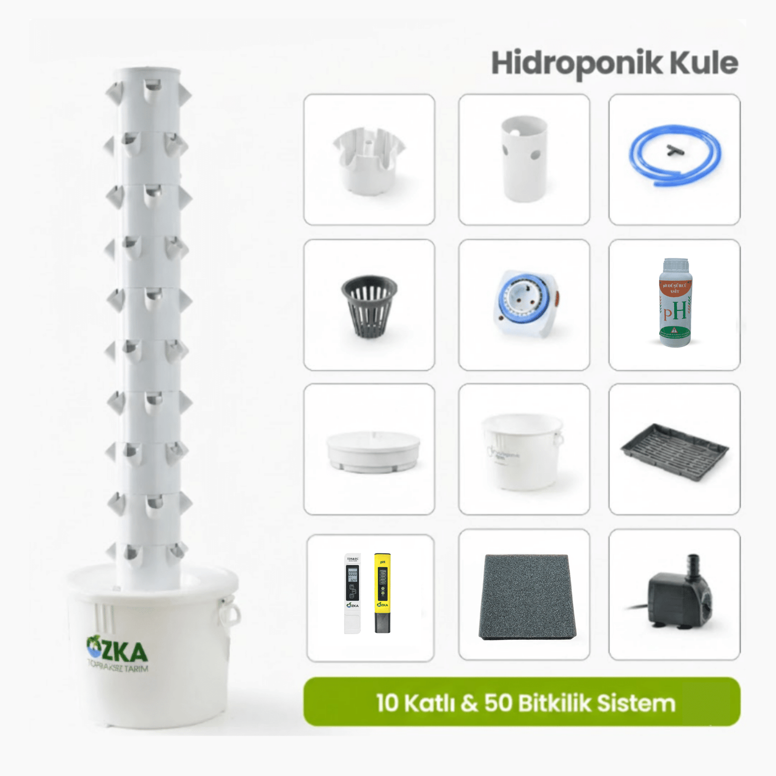 Dikey Topraksız Tarım Kulesi | 10 Katlı 50 Gözlü 75 Lt Depolu Hidroponik Sistem