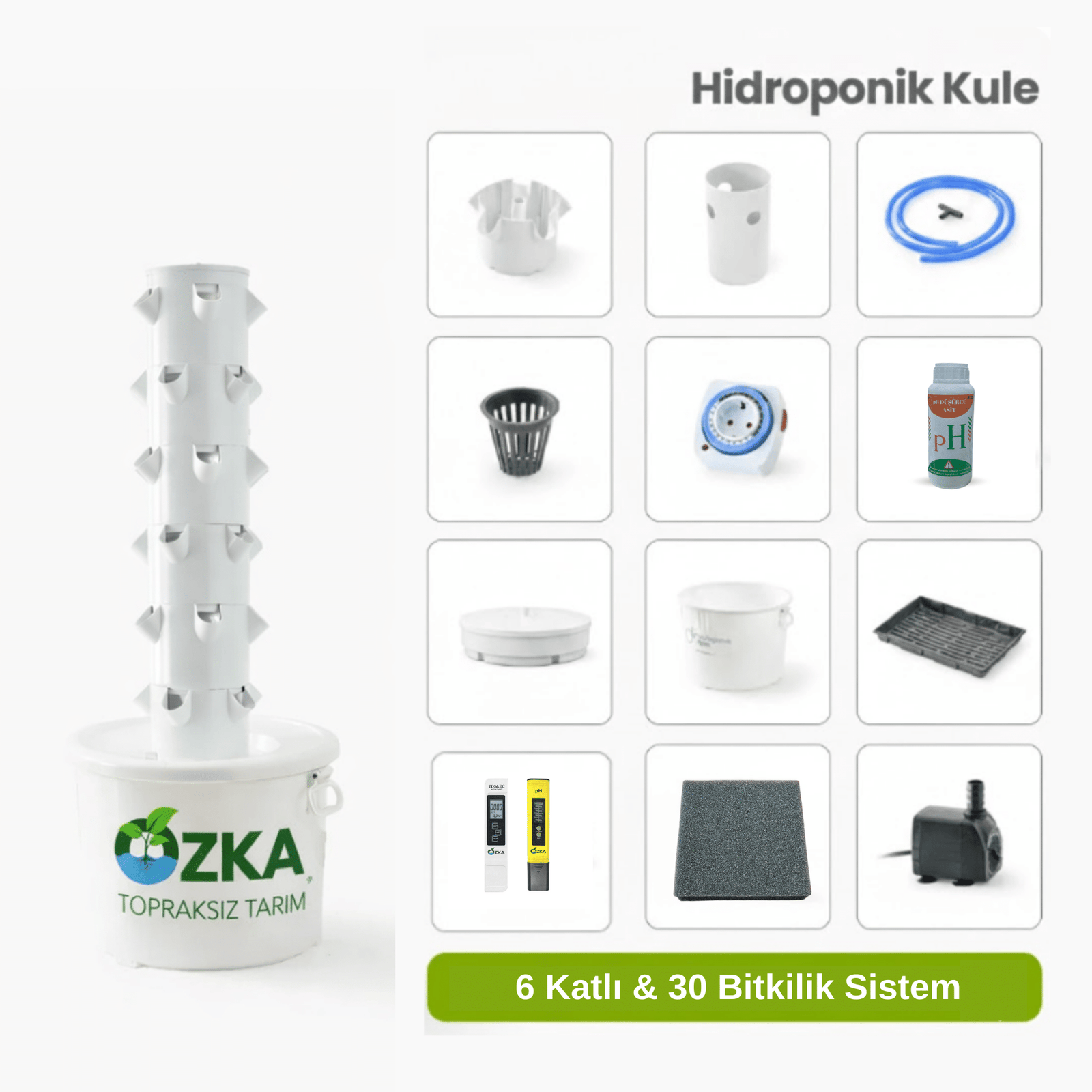 Dikey Topraksız Tarım Kulesi 6 Katlı 30 Gözlü | Full Set Hidroponik Kule