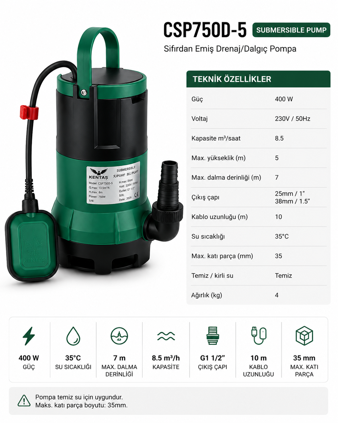 400W 0.5 HP Dalgıç Temiz Su Pompası Şamandıralı – 8.500 L/Saat Debi, 7 m Dalma Derinliği - Görsel 2